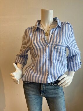 Melissa Nepton Blue White Striped Linen Button Front Frayed Hem Shirt XS